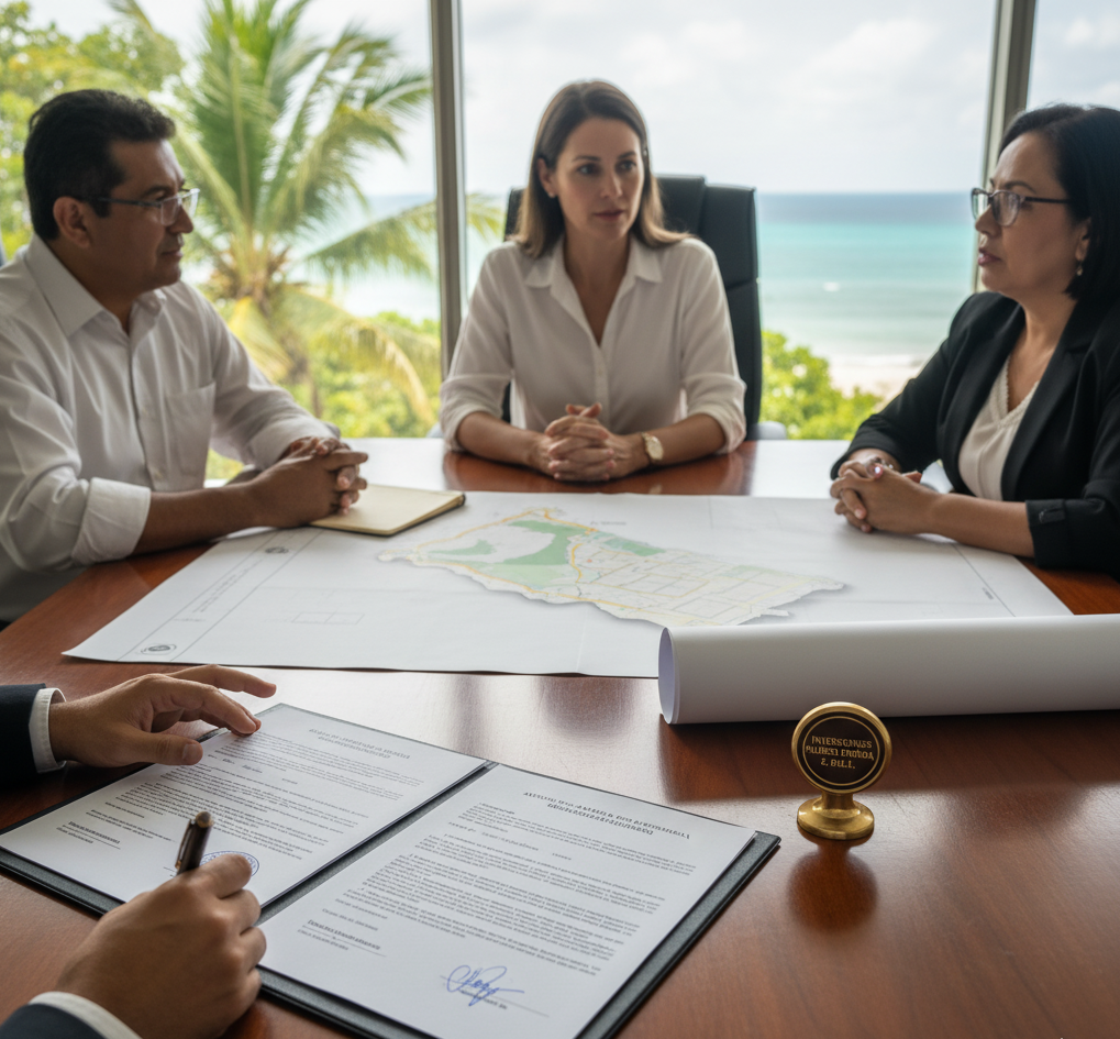 A shareholder meeting to finalize the legal structure for buying property in Roatan, with documents on the table.