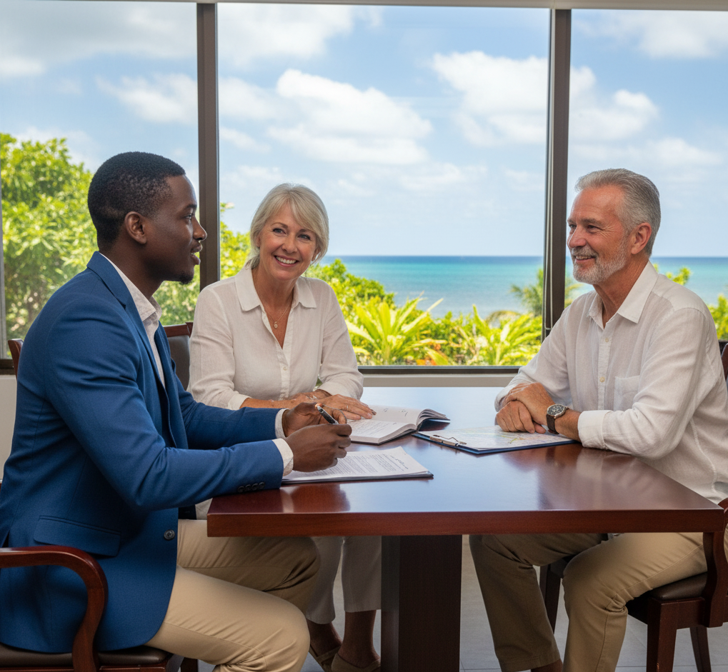 An Associate explaining the process of buying property in Roatan to an expat senior couple.